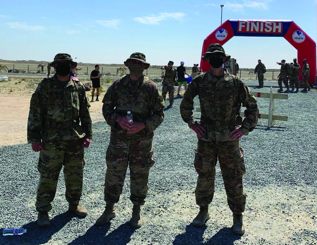 MSG Kenneth Acevedo (ARCENT Forward CPNCO), LTC Michael Pratt (ARCENT Forward SJA), and LTC Steven Meints (ASG-K CJA) completed the Norwegian Foot March (30k with 25lbs Ruck) on 7 March 2021 at Camp Arifjan, Kuwait. 